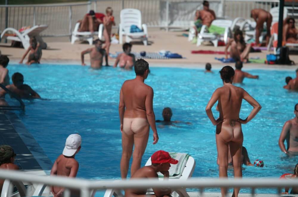 Pool-Shore Group Exercise - A nudist values simplicity in life and naturalness in expression
